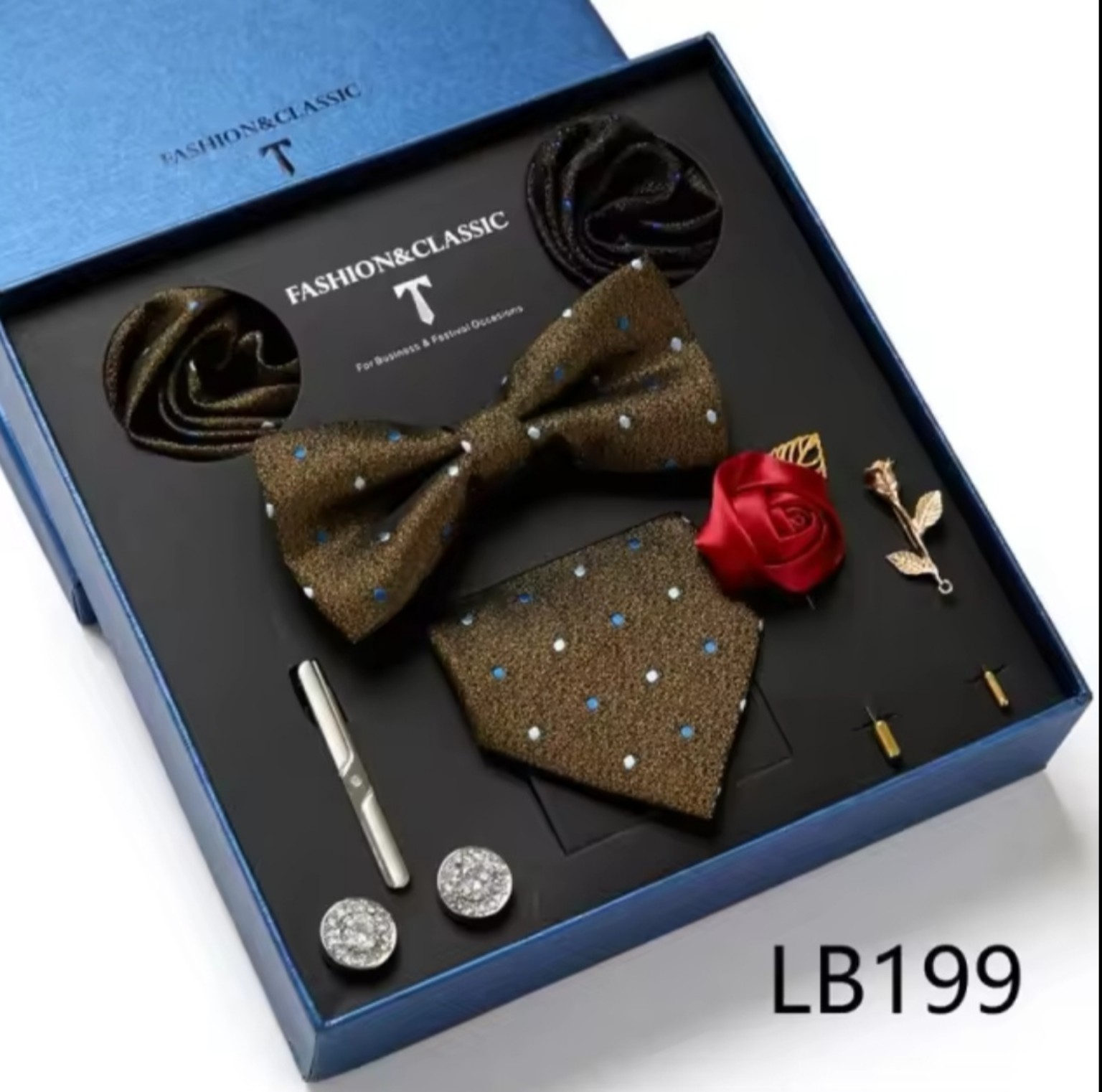 Men’s eight-piece silk tie gift set in the LB199 Brown & Blue Polka Dot design