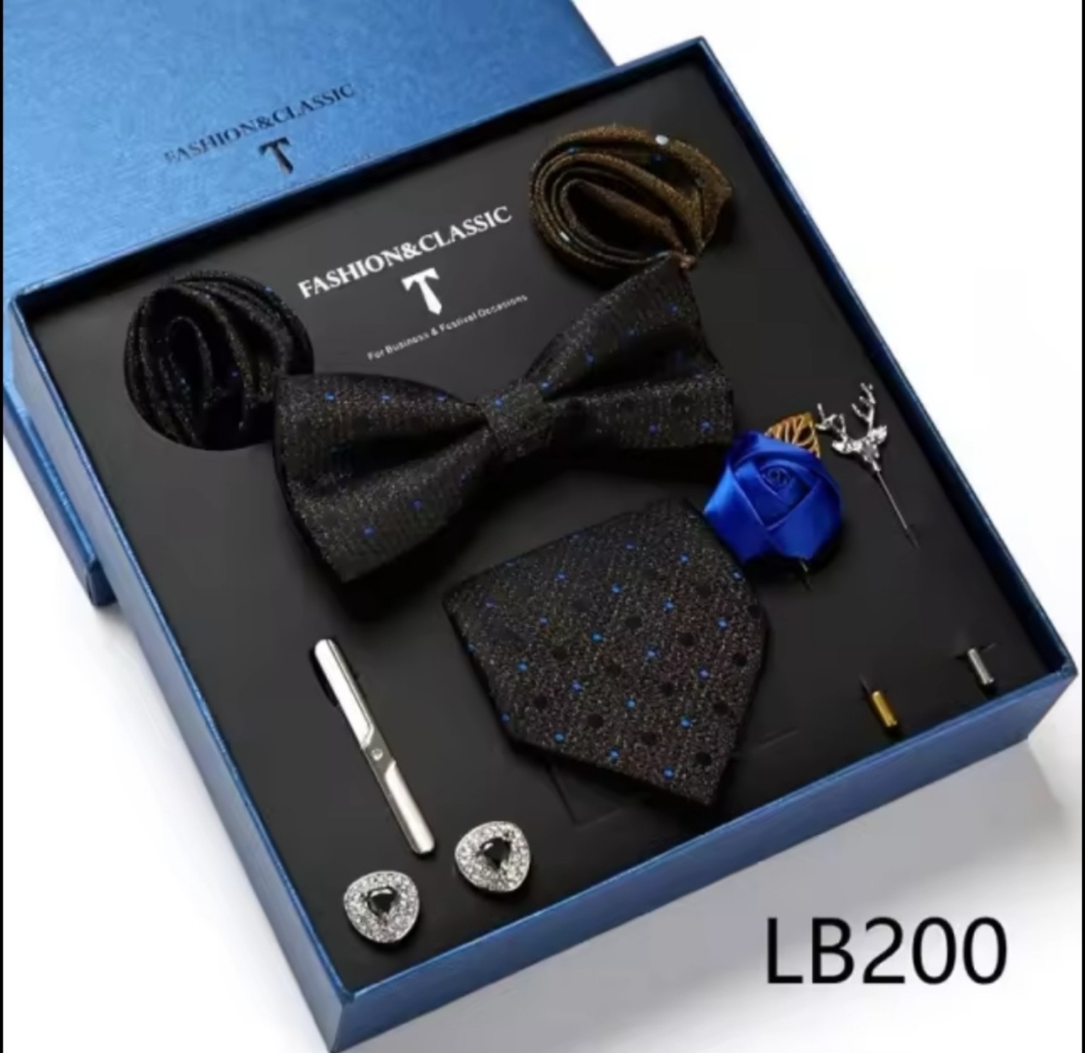 Men’s eight-piece silk tie gift set in the LB200 Black & Brown Microdot design