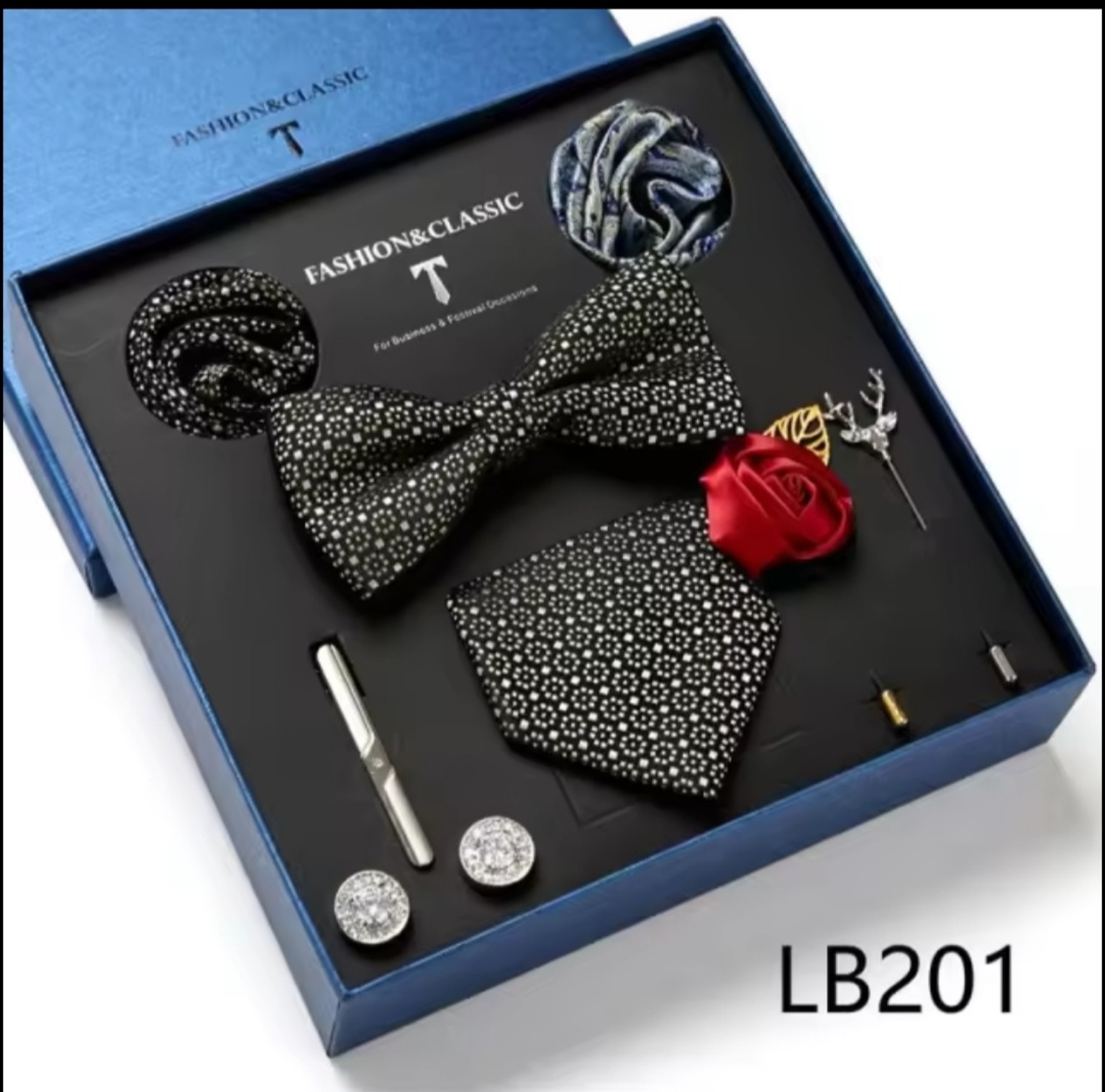Men’s eight-piece silk tie gift set in the LB201 Black & Silver Micro Pattern design