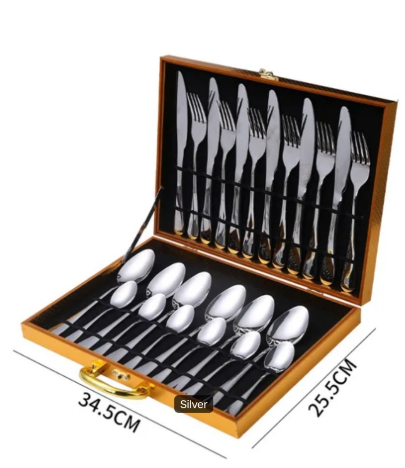 Twenty-four-piece mirror silver stainless steel cutlery set arranged in a presentation case