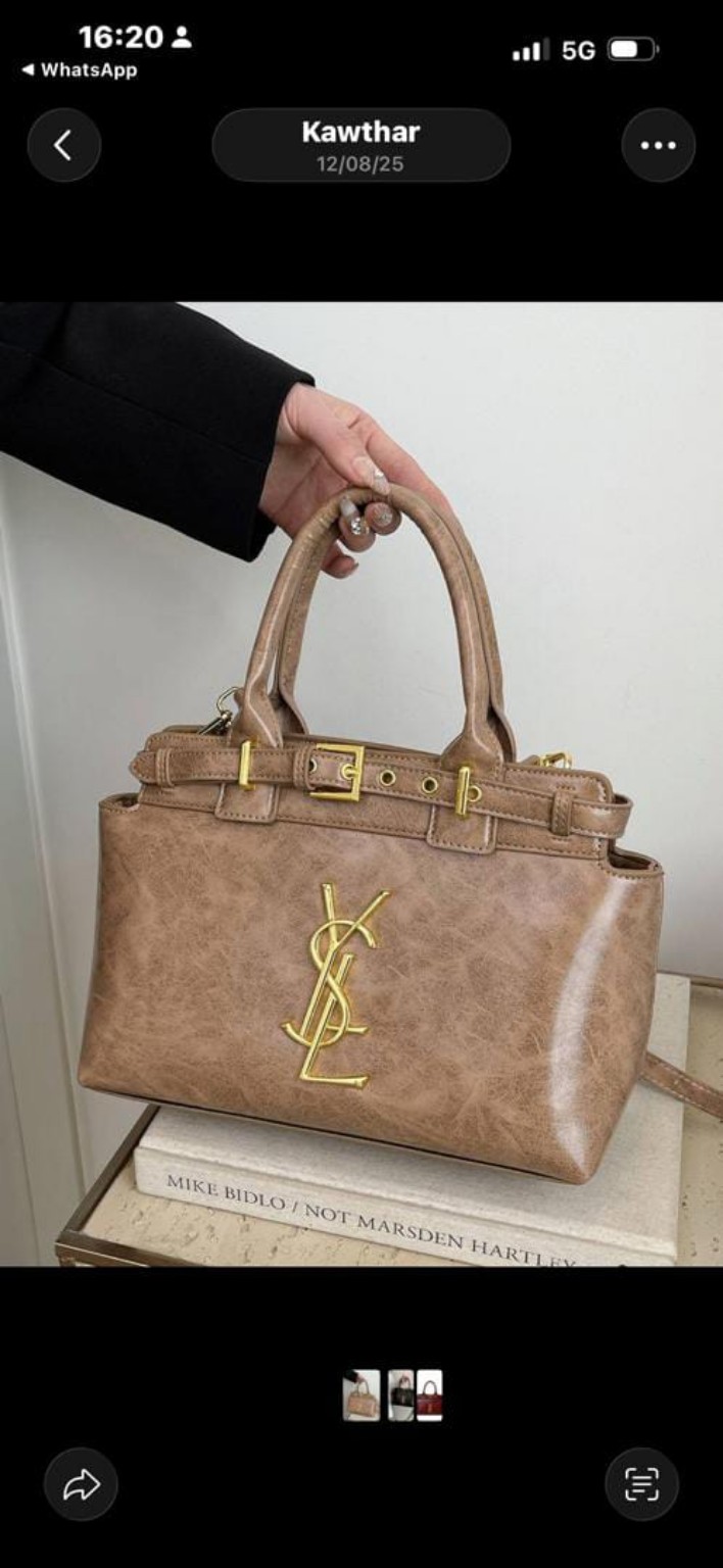 Mocha brown structured handbag with gold-tone hardware and dual top handles