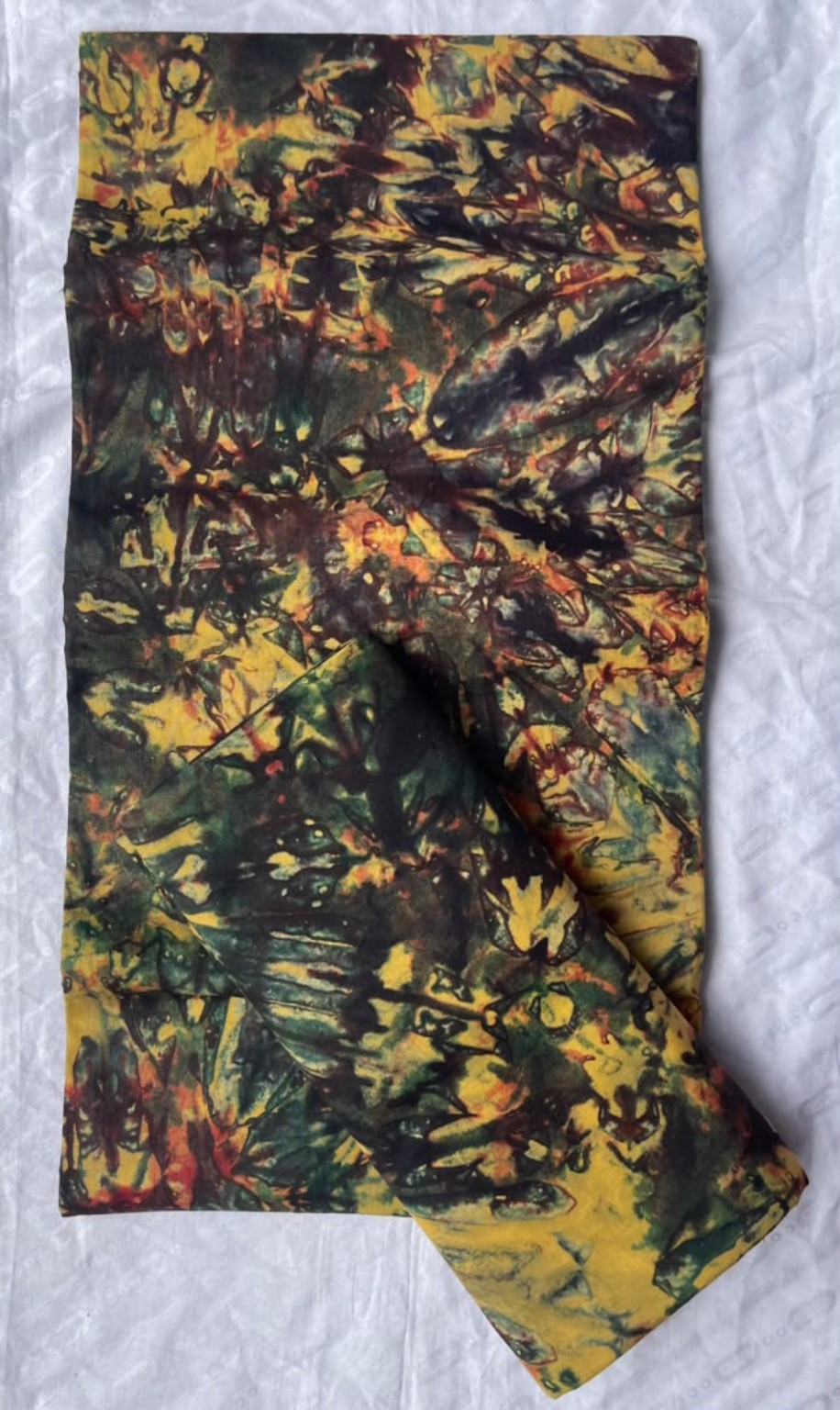 Five-yard mustard yellow, forest green and rust abstract marbled fabric