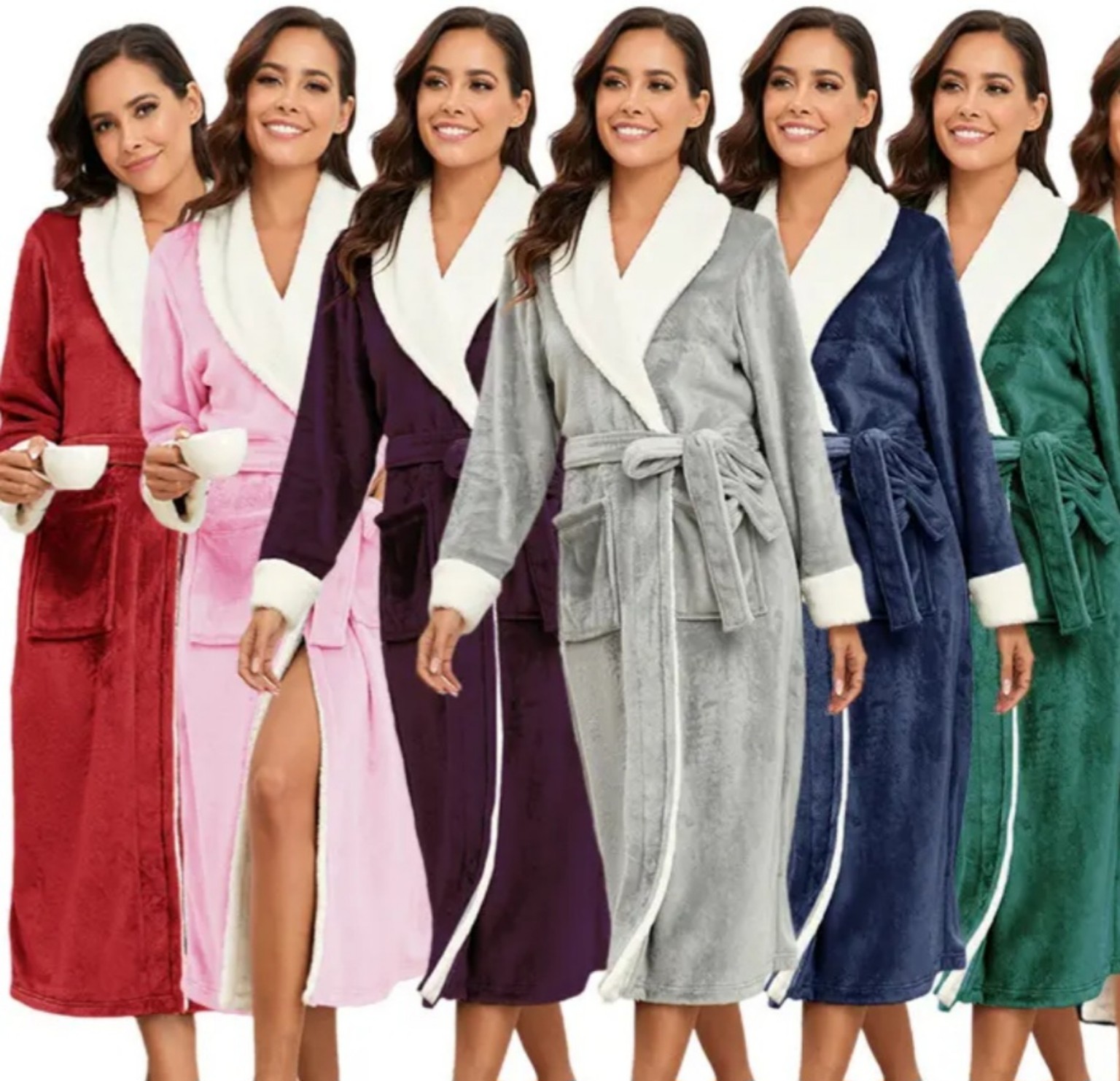 Women’s bathrobes in red, pink, purple, gray, navy and green