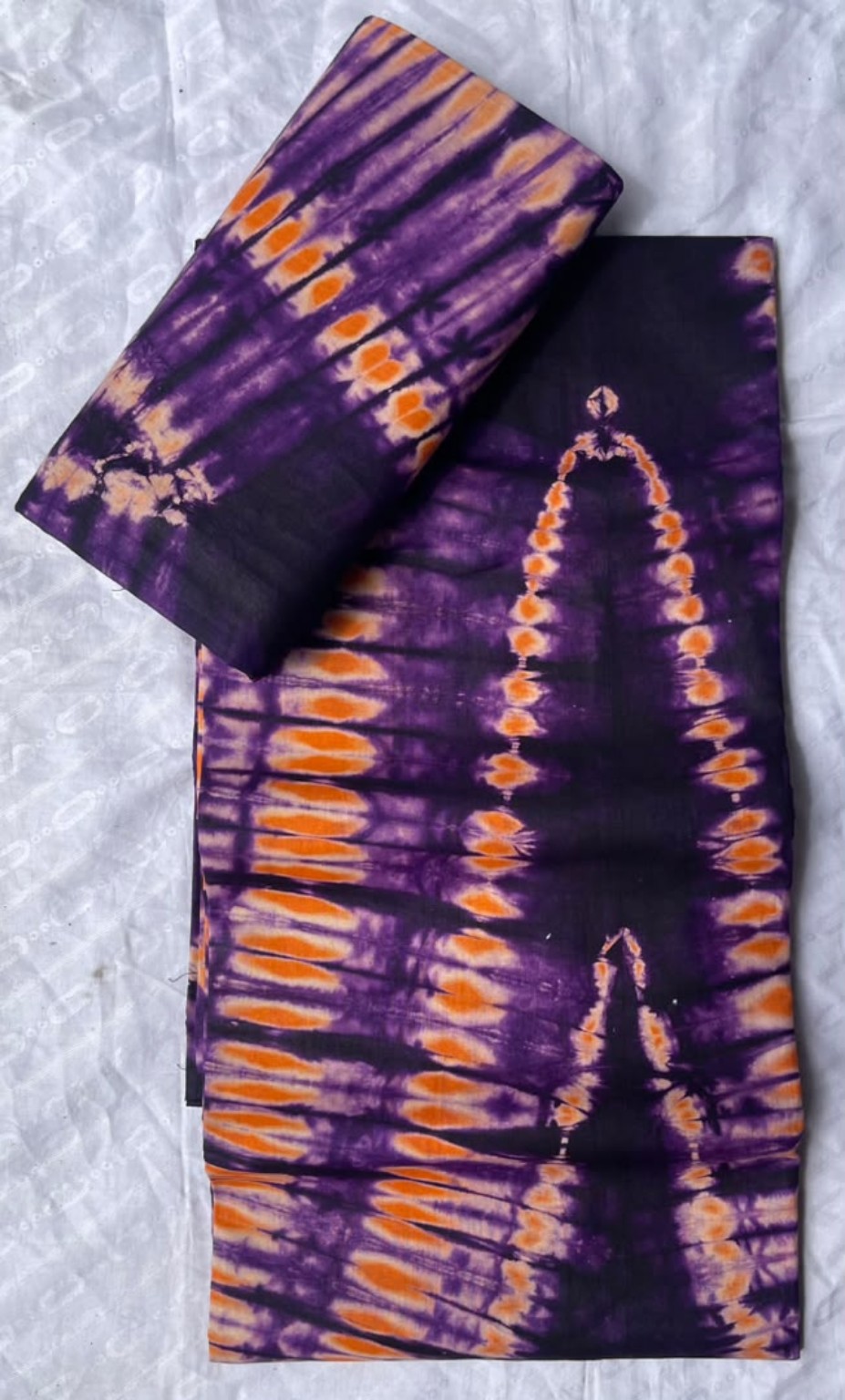 Five-yard royal purple and orange patterned tie-dye fabric