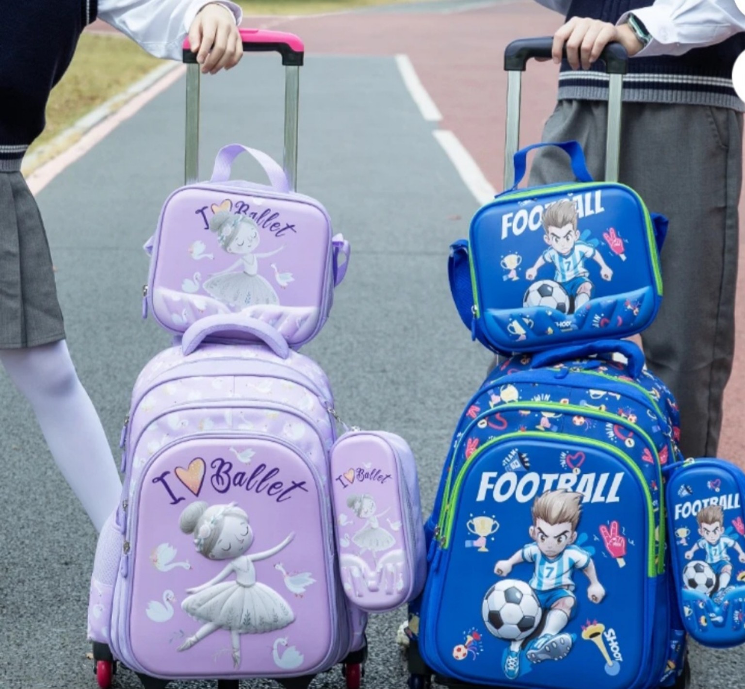 Children’s school backpack sets displayed with trolley handles