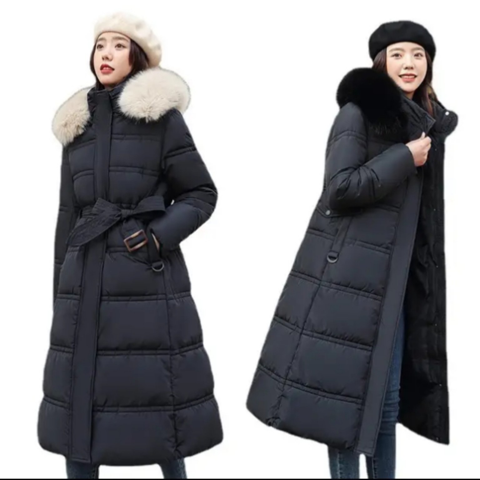 Women’s extra-long padded winter parka in black with a large fur-style collar