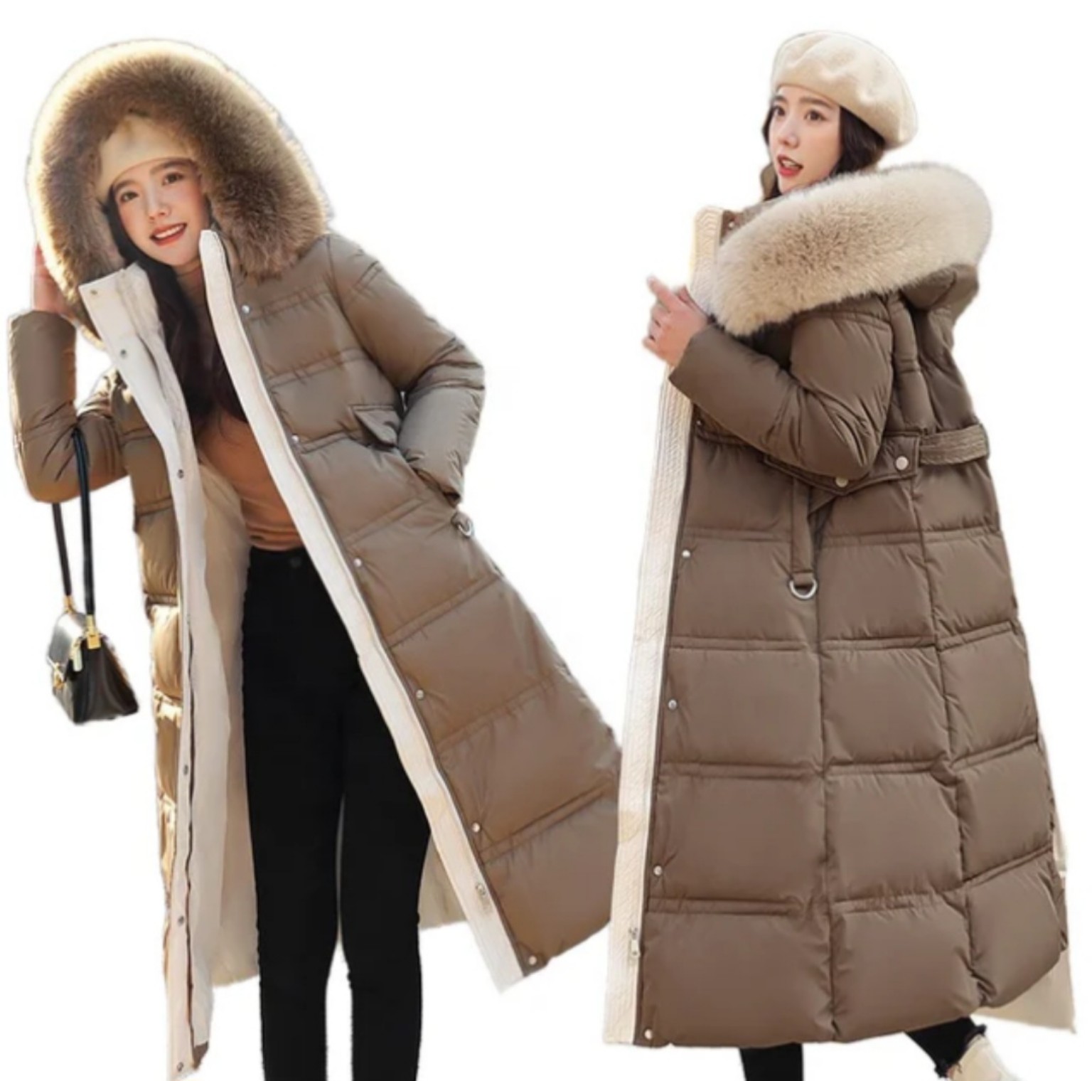 Women’s extra-long padded winter parka in brown with a large fur-style collar