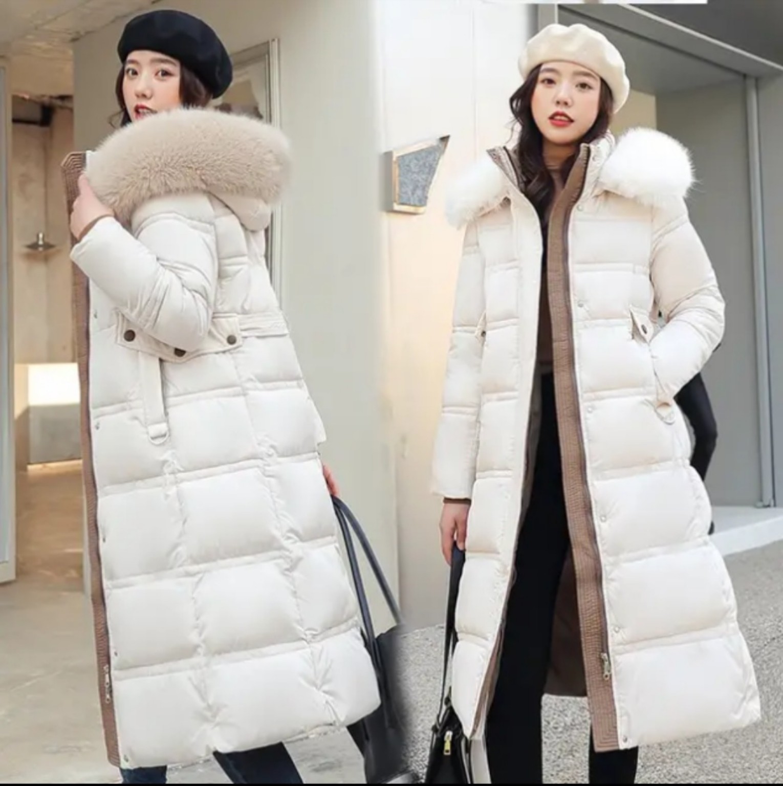 Women’s extra-long padded winter parka in white with a large fur-style collar